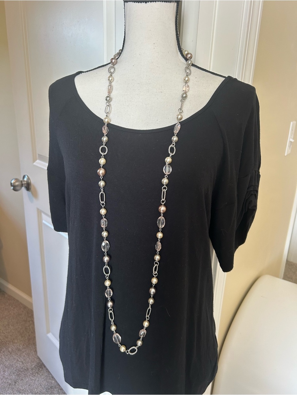 Long Beaded Pearl and Glass Station Necklace - Neutral Tones